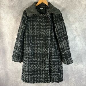 Desigual Coat Women 42 Black & Gray Pattern Jacket Collared Long Knitted *READ*